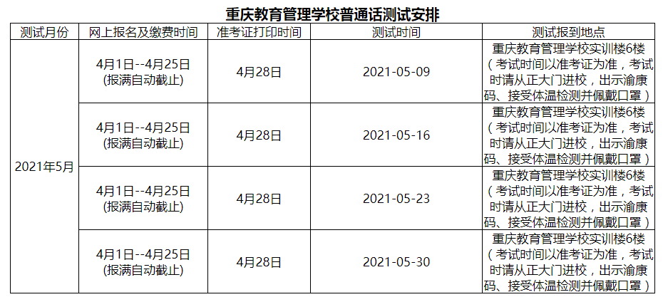 重庆5月份普通话水平测试（重庆教育管理学校测试站点）